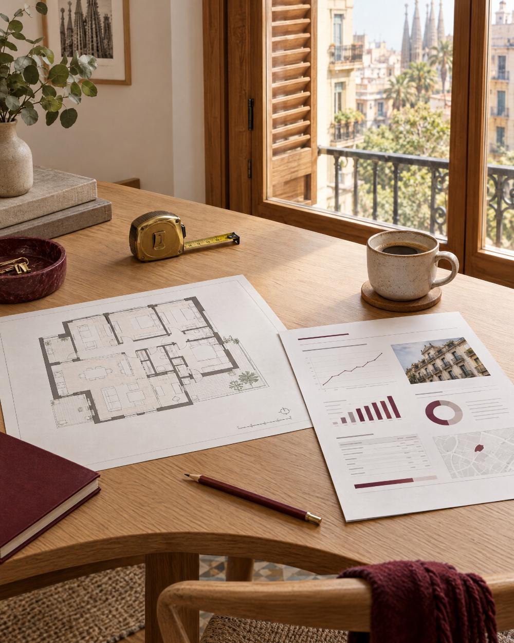 Informe de valoración técnica con plano y cinta métrica sobre una mesa